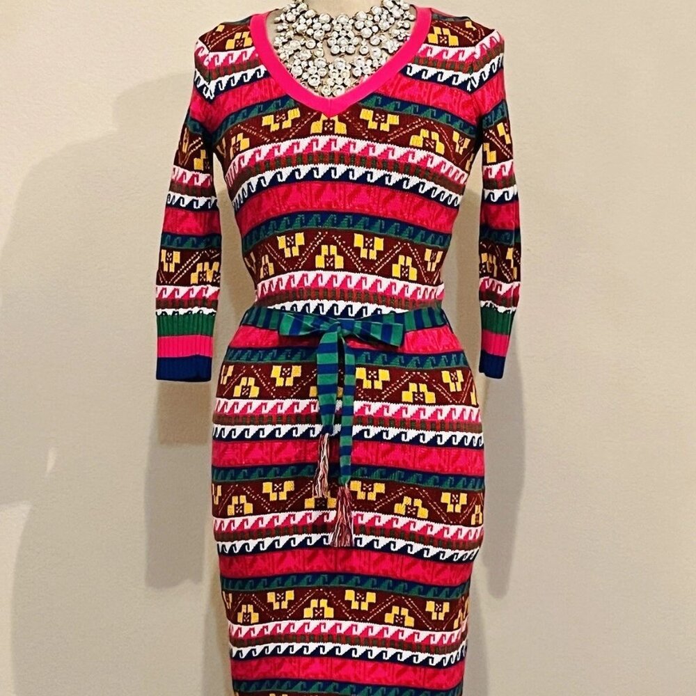 Betsey-Johnson-Fair-Isles-Sweater-Dress-With-Green-Blue Stripped-Size-MED RARE